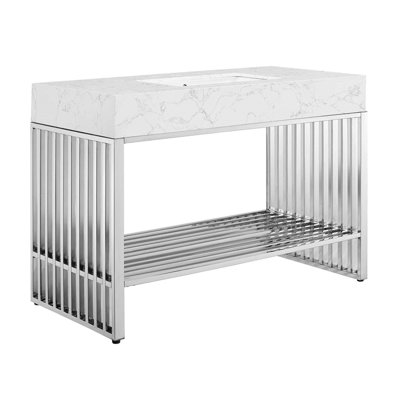 Modway Gridiron Stainless Steel Bathroom Vanity in White/Silver