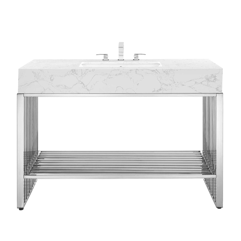Modway Gridiron Stainless Steel Bathroom Vanity in White/Silver