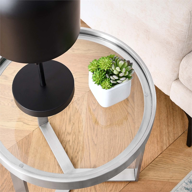 Modway Relay Modern Style Glass and Stainless Steel Side Table in Silver