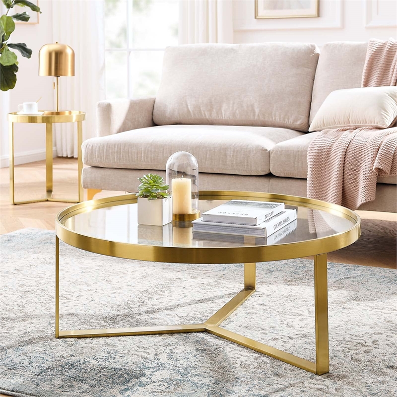 Modway Relay Modern Style Glass and Stainless Steel Coffee Table in Gold