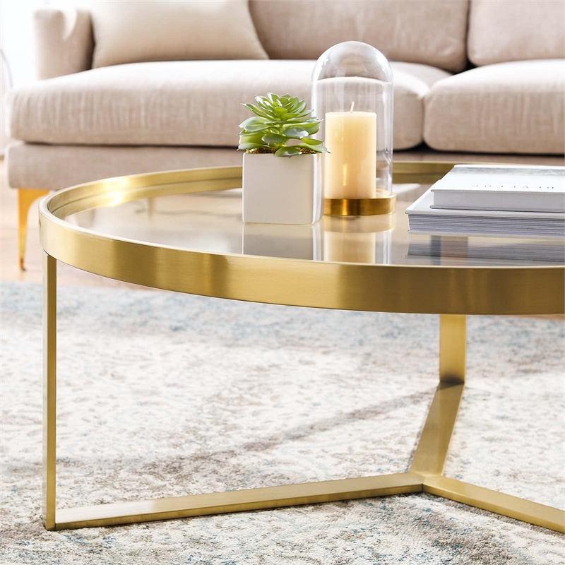 Modway Relay Modern Style Glass and Stainless Steel Coffee Table in Gold