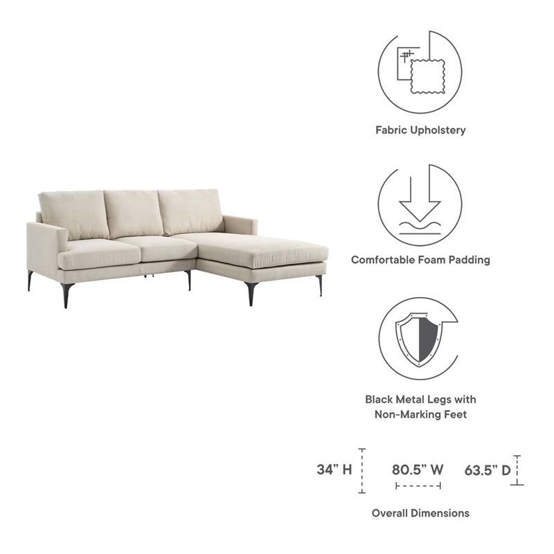 Modway Evermore Right-Facing Metal and Upholstered Fabric Sectional Sofa - Beige