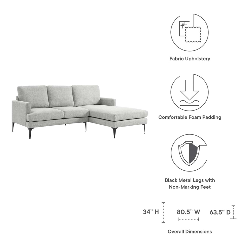 Modway Evermore Right-Facing Metal and Upholstered Fabric Sectional Sofa in Gray