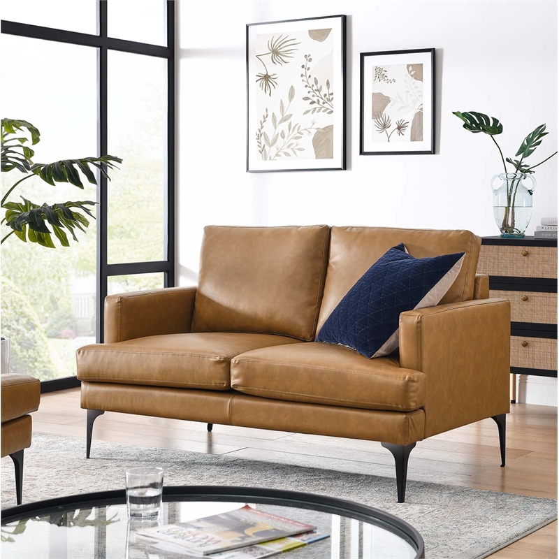 Modway Evermore Modern Style Vegan Leather and Metal Loveseat in Tan