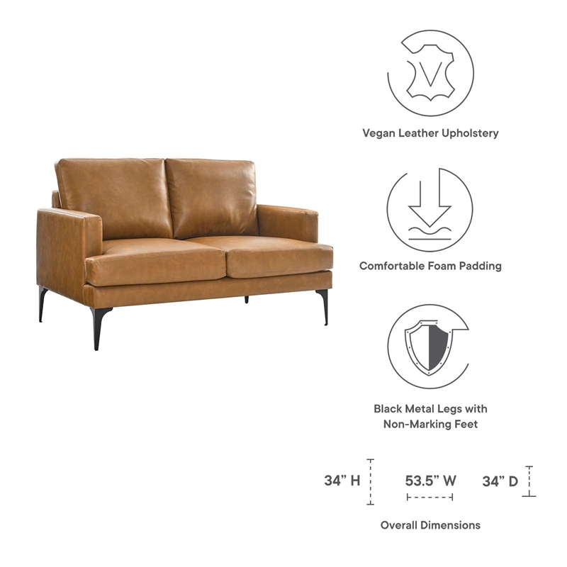 Modway Evermore Modern Style Vegan Leather and Metal Loveseat in Tan