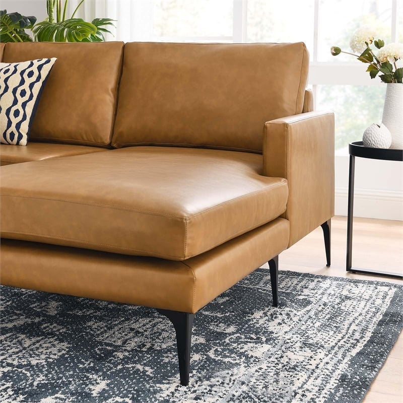 Modway Evermore Right-Facing Vegan Leather and Metal Sectional Sofa in Tan