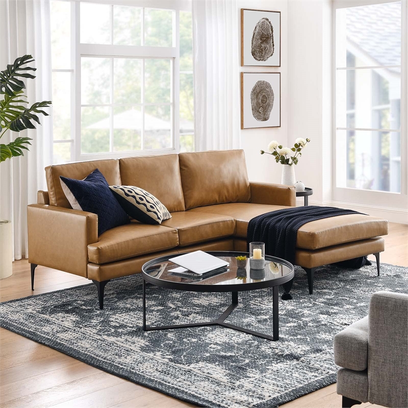 Modway Evermore Right-Facing Vegan Leather and Metal Sectional Sofa in Tan