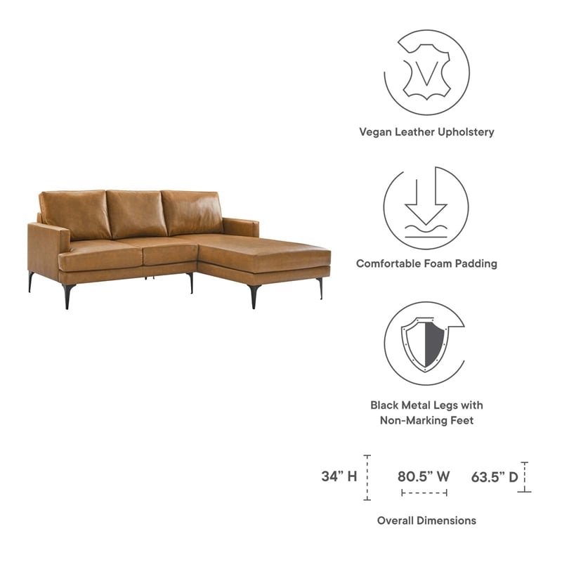 Modway Evermore Right-Facing Vegan Leather and Metal Sectional Sofa in Tan