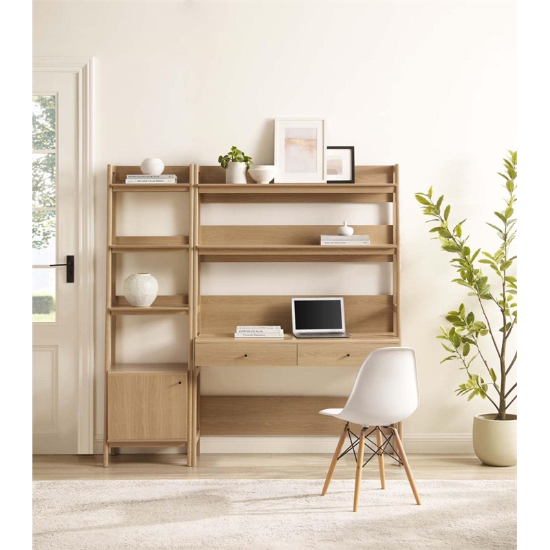 Modway Bixby 2-Piece Modern Style Wood Office Desk and Bookshelf - Oak