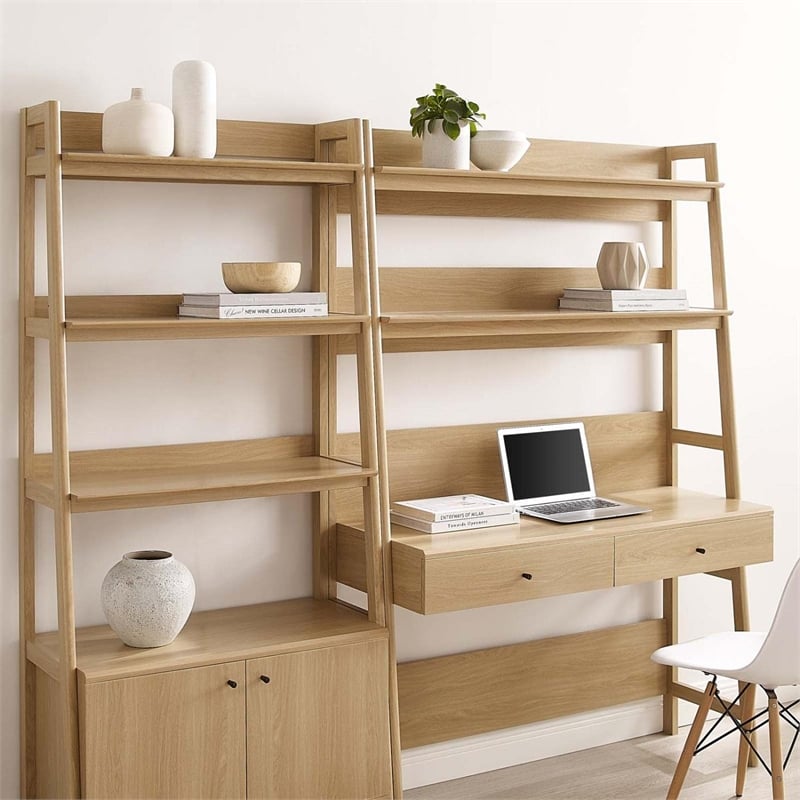 Modway Bixby 2-Piece Modern Style Wood Office Desk and Bookshelf in Oak