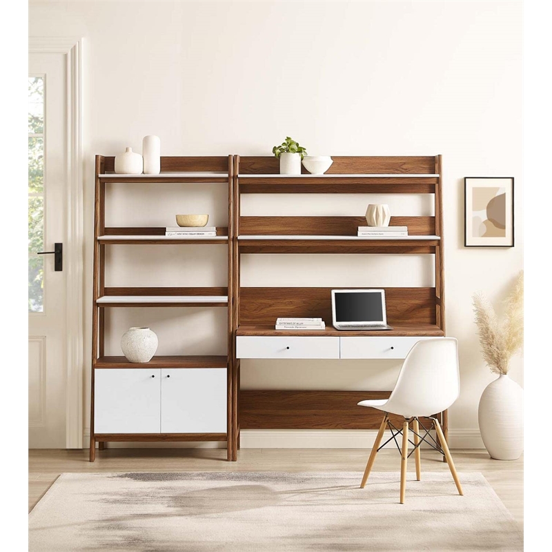 Modway Bixby 2-Piece Wood Office Desk and Bookshelf in Walnut/White