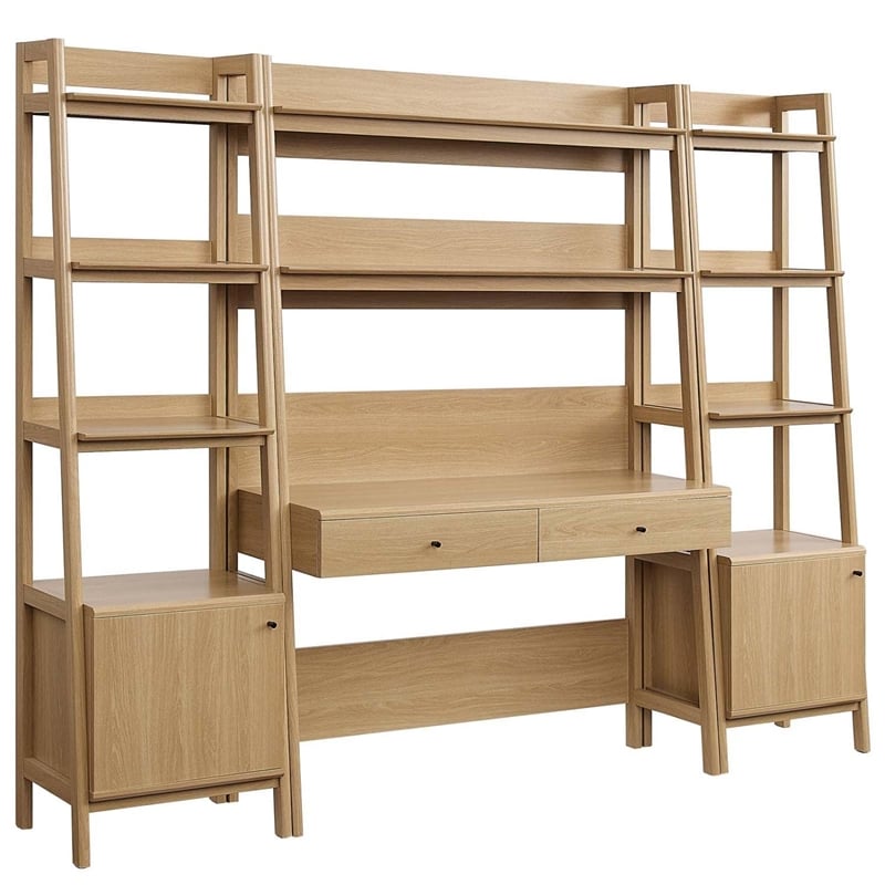 Modway Bixby 3-Piece Modern Style Wood Office Desk and Bookshelf - Oak