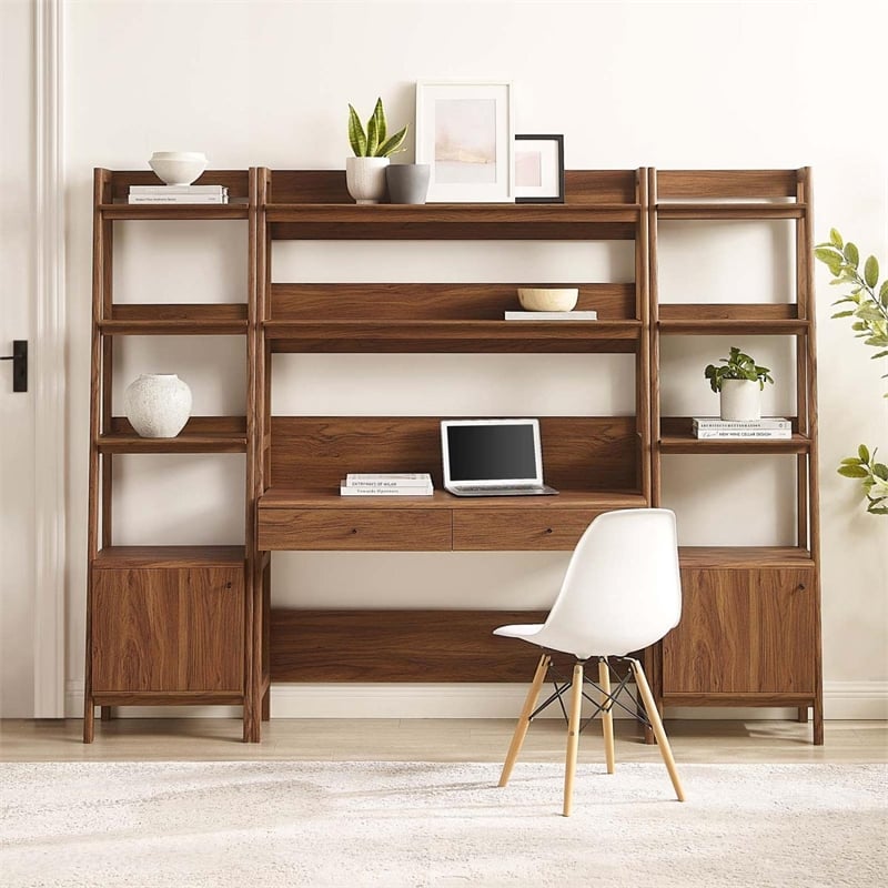 Modway Bixby 3-Piece Wood Office Desk and Bookshelf - Walnut