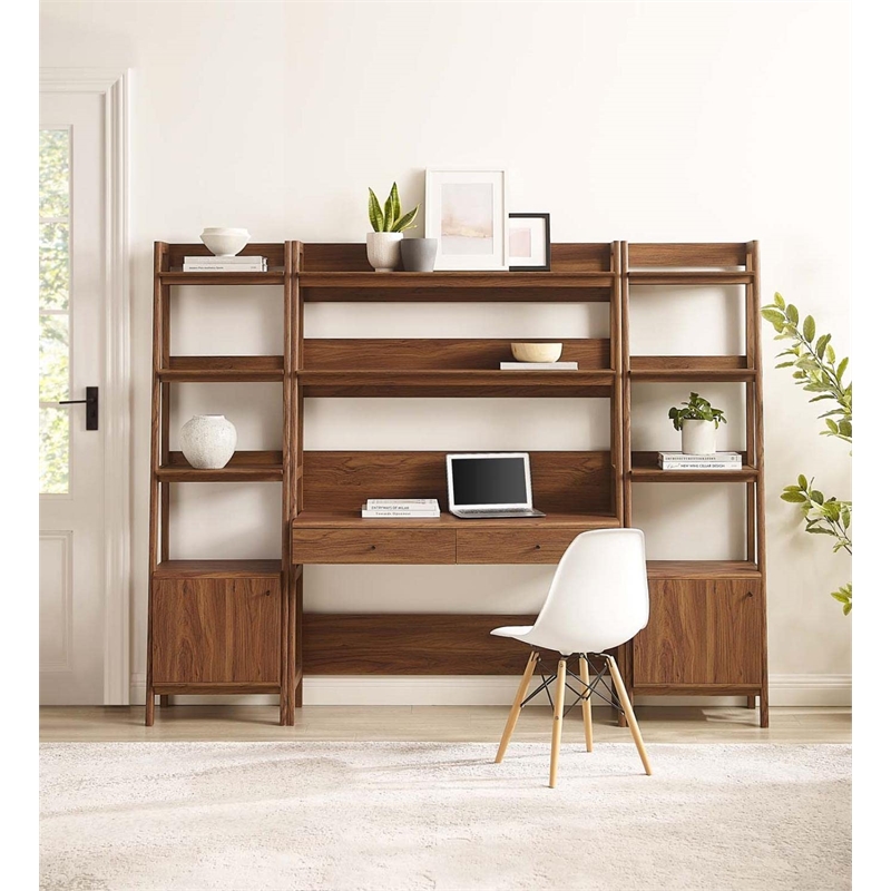 Modway Bixby 3-Piece Wood Office Desk and Bookshelf - Walnut