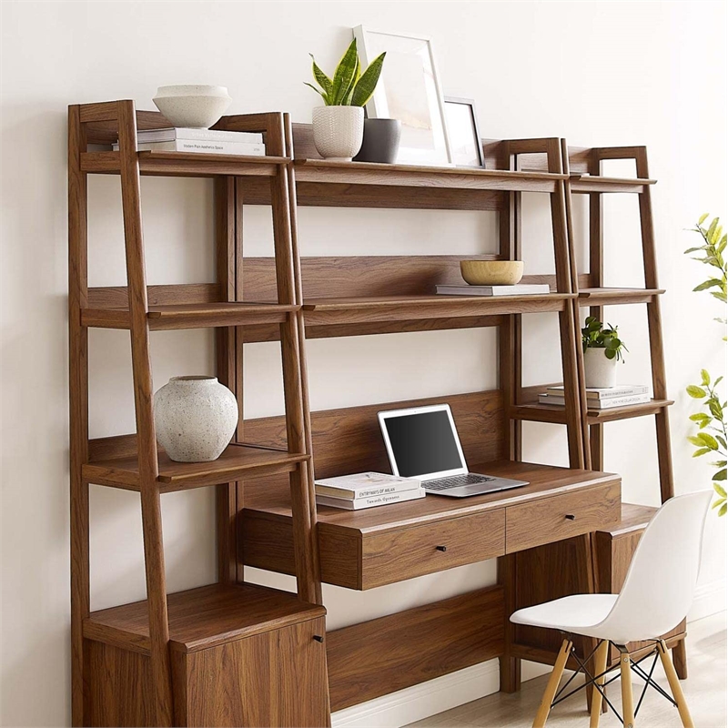 Modway Bixby 3-Piece Wood Office Desk and Bookshelf - Walnut