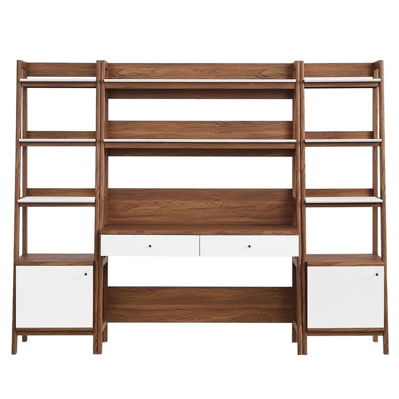 Modway Bixby 3-Piece Wood Office Desk and Bookshelf - Walnut/White