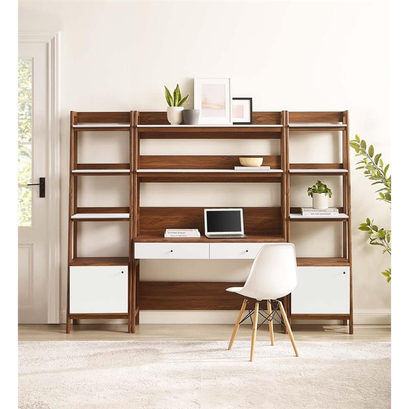 Modway Bixby 3-Piece Wood Office Desk and Bookshelf - Walnut/White
