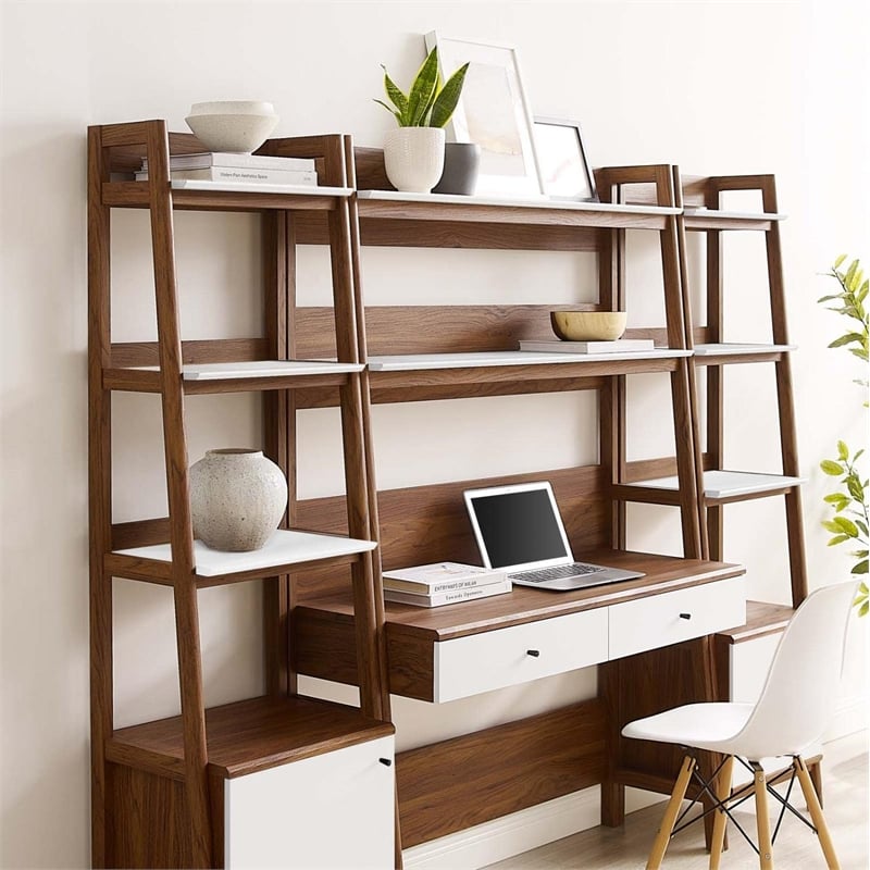 Modway Bixby 3-Piece Wood Office Desk and Bookshelf - Walnut/White