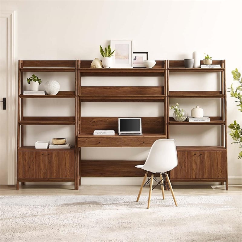 Modway Bixby 3-Piece Wood Office Desk and Bookshelf in Walnut