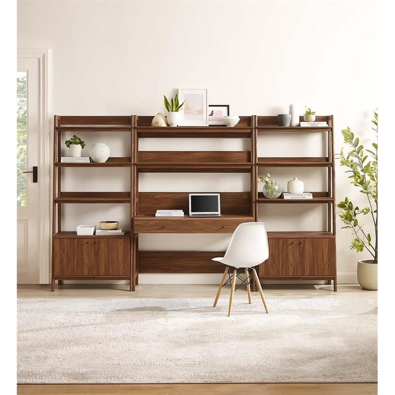 Modway Bixby 3-Piece Wood Office Desk and Bookshelf in Walnut