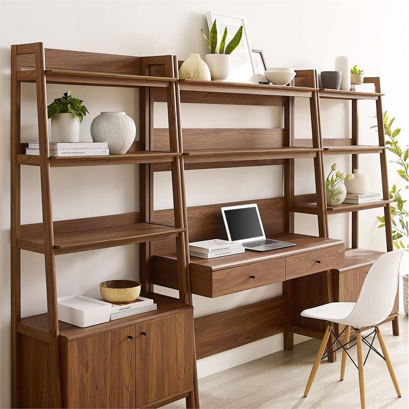 Modway Bixby 3-Piece Wood Office Desk and Bookshelf in Walnut
