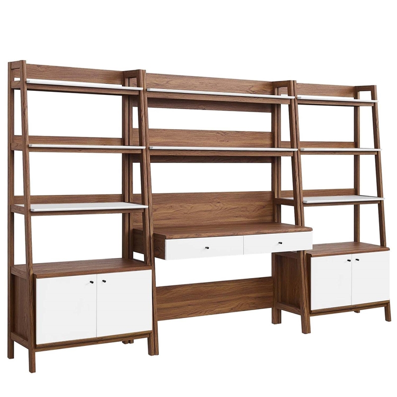 Modway Bixby 3-Piece Wood Office Desk and Bookshelf in Walnut/White