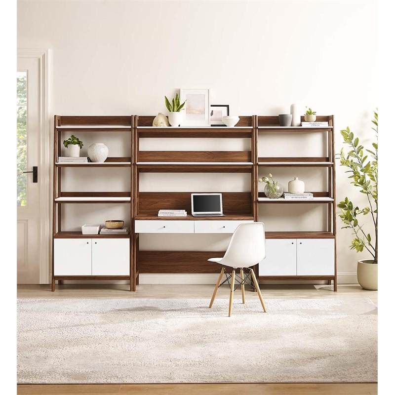 Modway Bixby 3-Piece Wood Office Desk and Bookshelf in Walnut/White