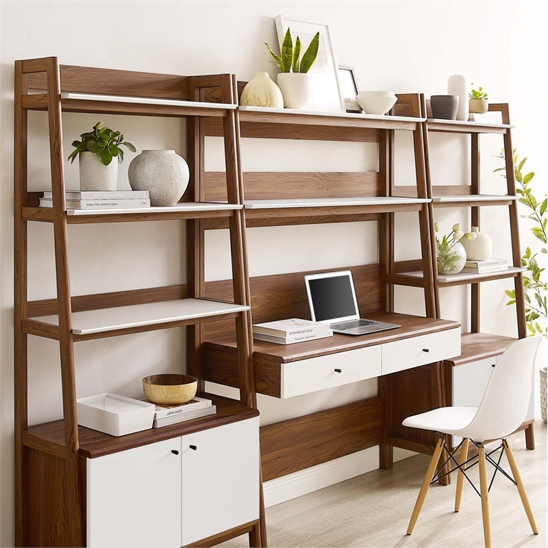Modway Bixby 3-Piece Wood Office Desk and Bookshelf in Walnut/White