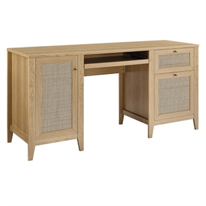 Modway Soma 63&quot Natural Rattan and MDF Wood Office Desk in Oak