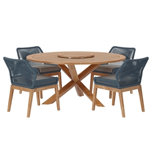 Modway Wellspring 5-Piece Teak Wood Outdoor Dining Set in Blue/Graphite