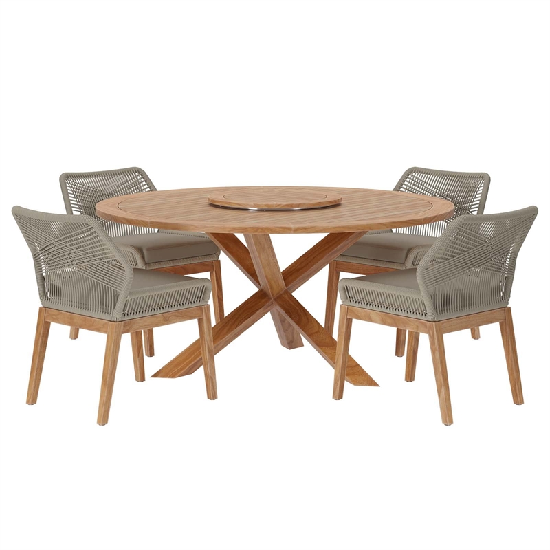Modway Wellspring 5-Piece Teak Wood Outdoor Dining Set in Light Gray/Greige
