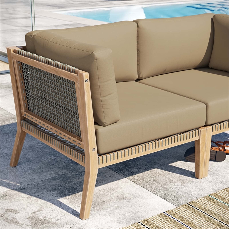 Modway Clearwater Teak Wood Fabric Outdoor Loveseat in Gray/Light Brown