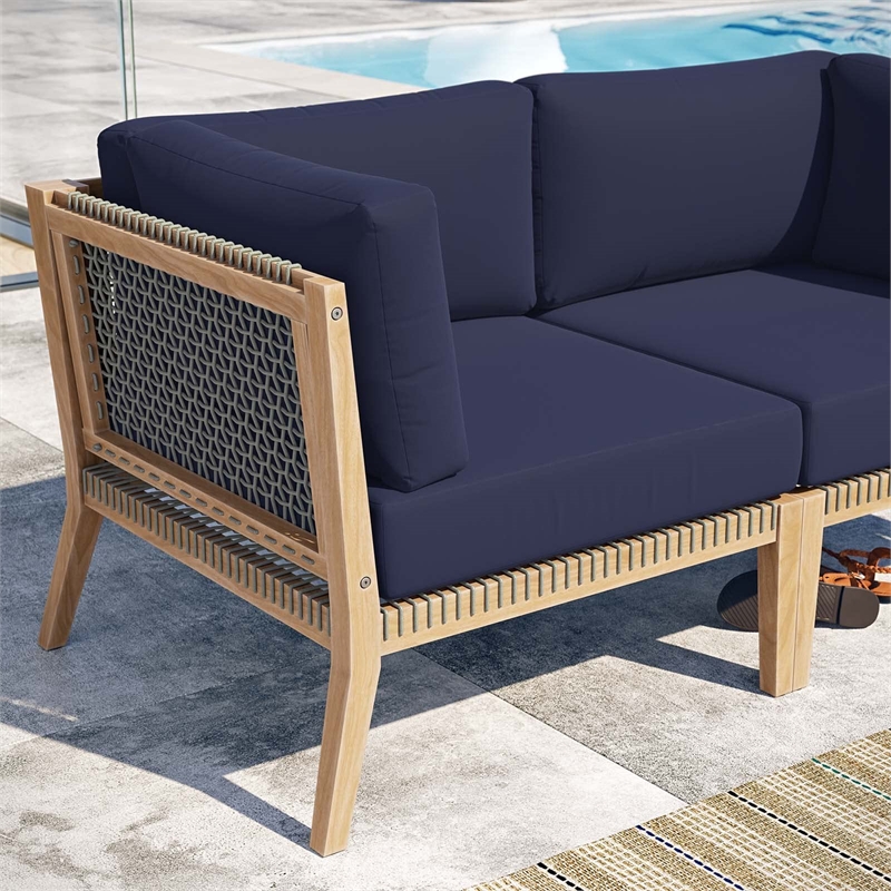 Modway Clearwater Teak Wood Fabric Outdoor Loveseat in Gray/Navy