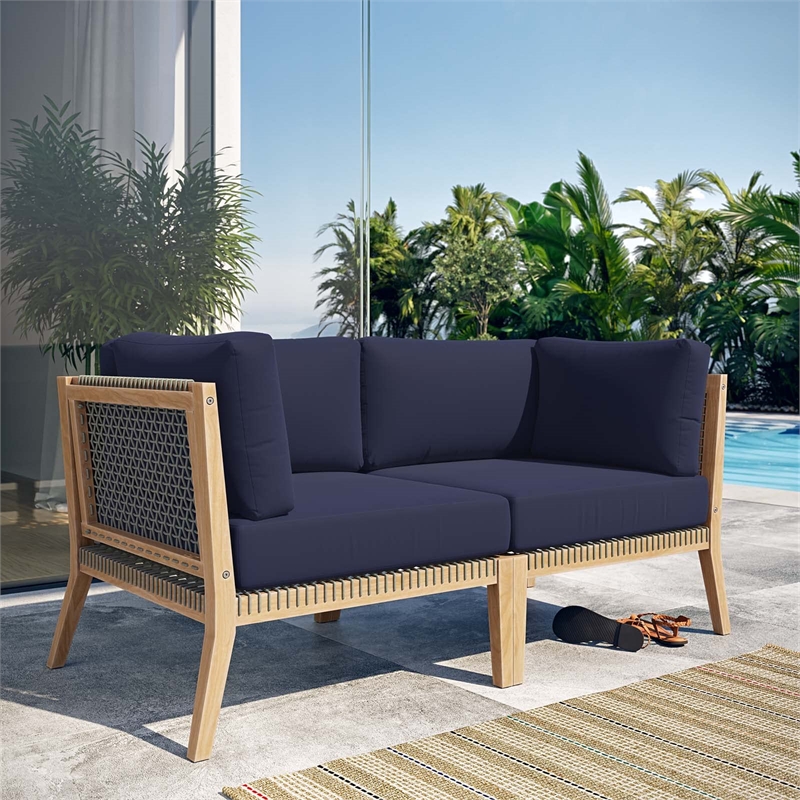 Modway Clearwater Teak Wood Fabric Outdoor Loveseat in Gray/Navy