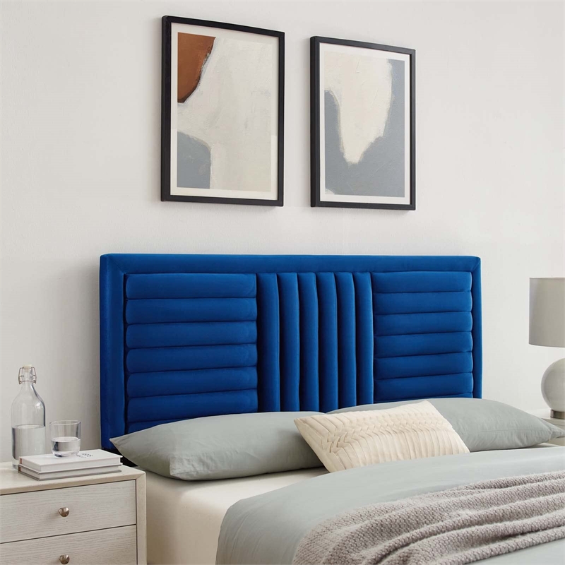 Modway Believe Modern Style Channel Tufted Velvet Twin Headboard in Navy