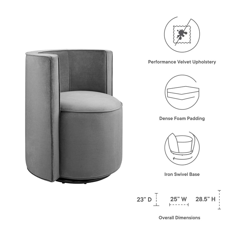 Modway Della Performance Velvet Fabric and Iron Swivel Chair in Gray