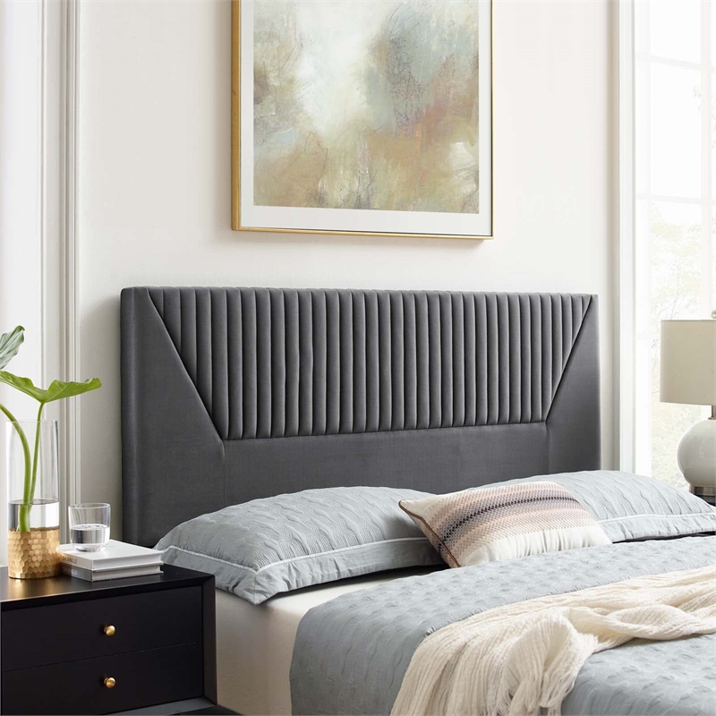 Modway Patience Channel Tufted Velvet Twin Headboard in Charcoal
