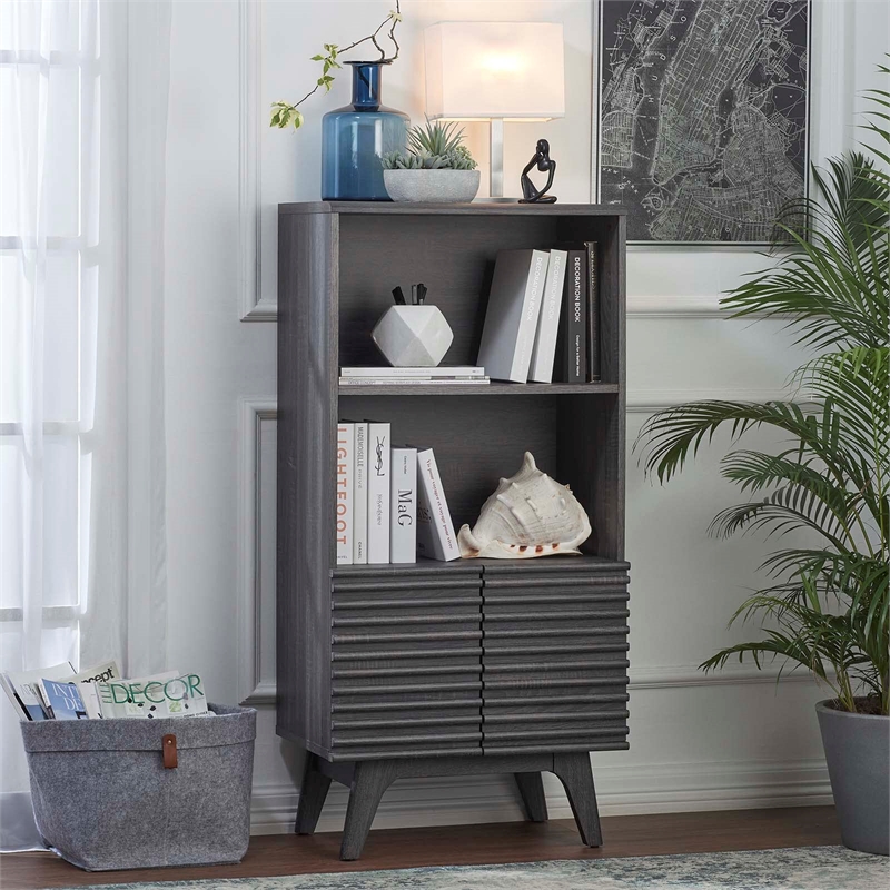 Modway Render Particleboard and Laminate Display Cabinet Bookshelf in Charcoal