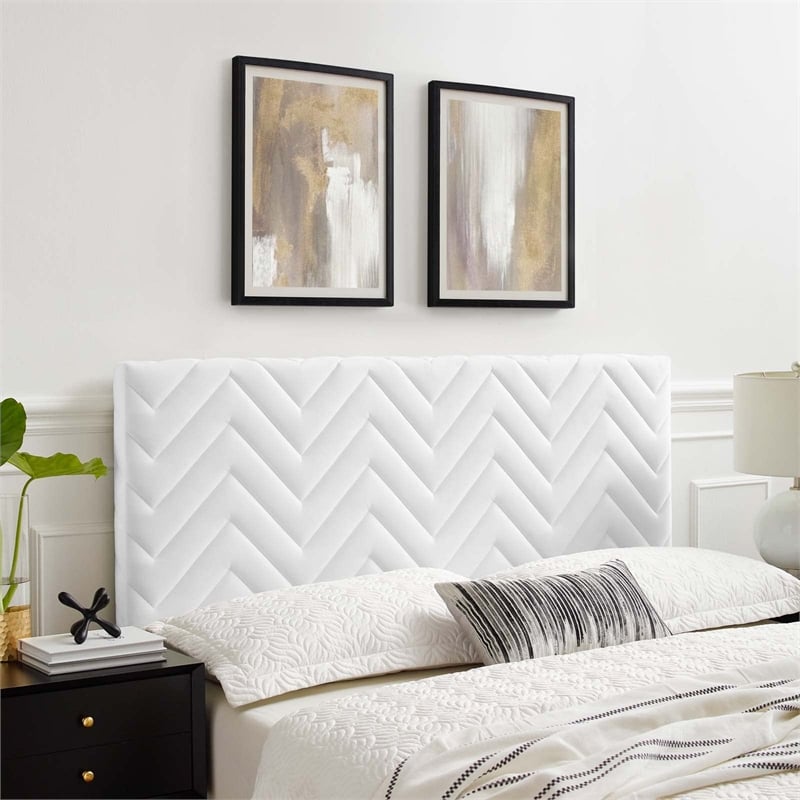 Modway Mercy Modern Style Chevron Tufted Velvet Twin Headboard in White