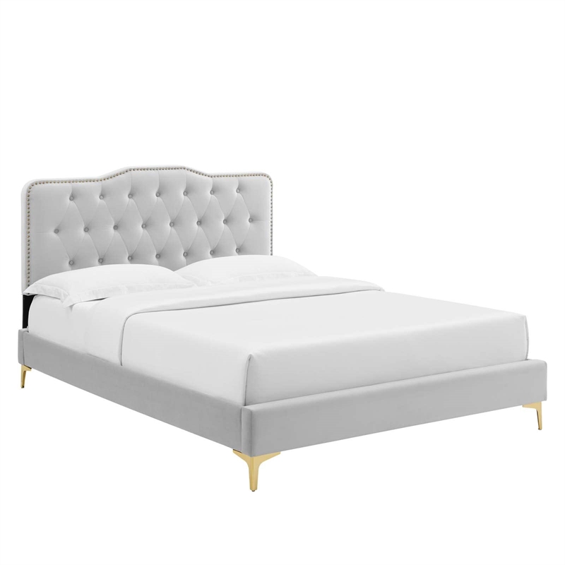 Modway Amber Tufted Performance Velvet Twin Platform Bed in Light Gray