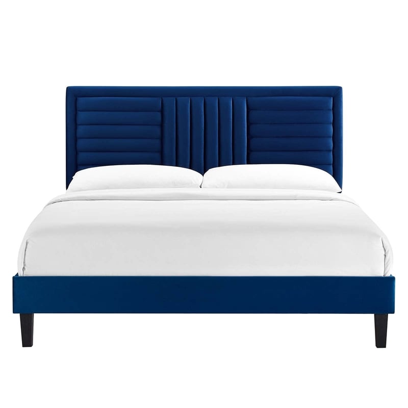 Modway Sofia Channel Tufted Velvet Queen Platform Bed in Navy