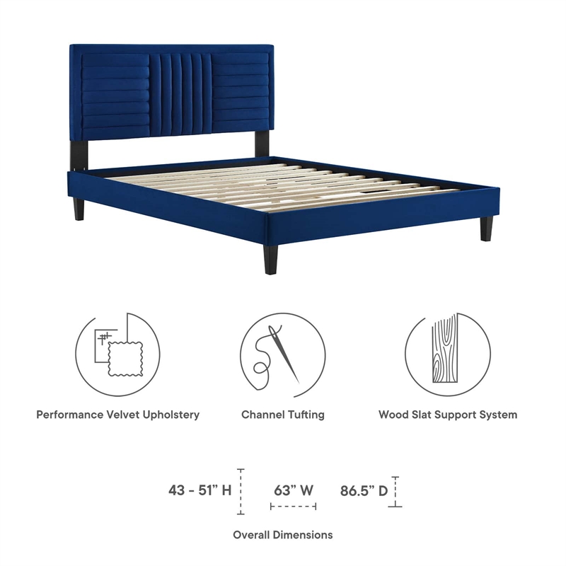 Modway Sofia Channel Tufted Velvet Queen Platform Bed in Navy