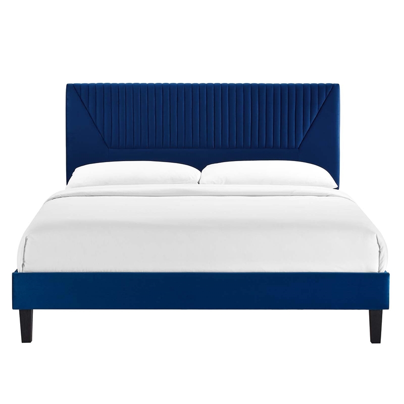 Modway Yasmine Channel Tufted Velvet Queen Platform Bed in Navy Finish