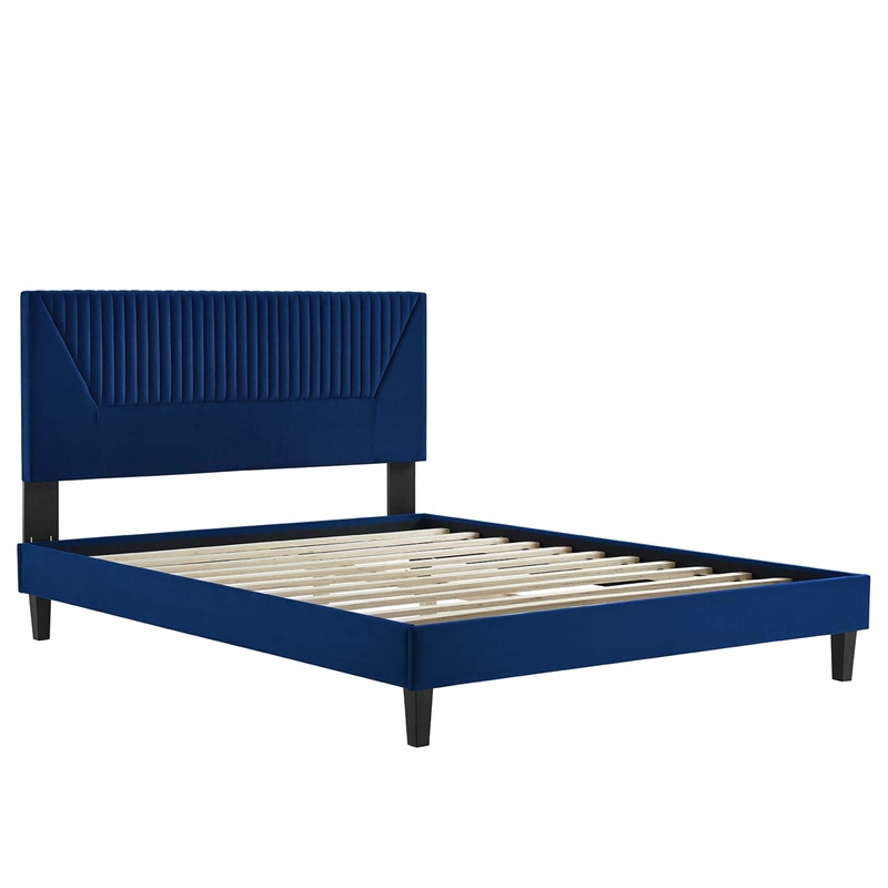 Modway Yasmine Channel Tufted Velvet Queen Platform Bed in Navy Finish