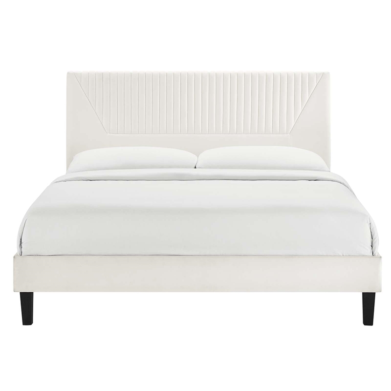 Modway Yasmine Channel Tufted Velvet Queen Platform Bed in White Finish