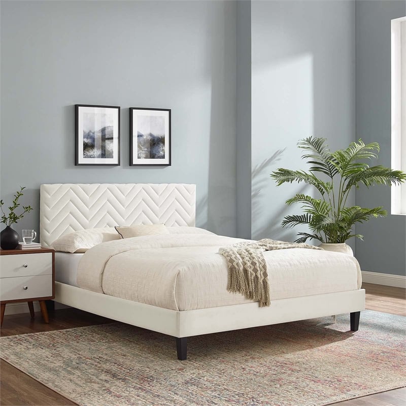 Modway Leah Chevron Tufted Performance Velvet Twin Platform Bed in White