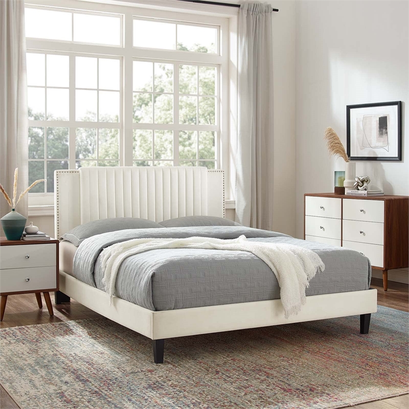 Modway Zahra Channel Tufted Performance Velvet Twin Platform Bed in White