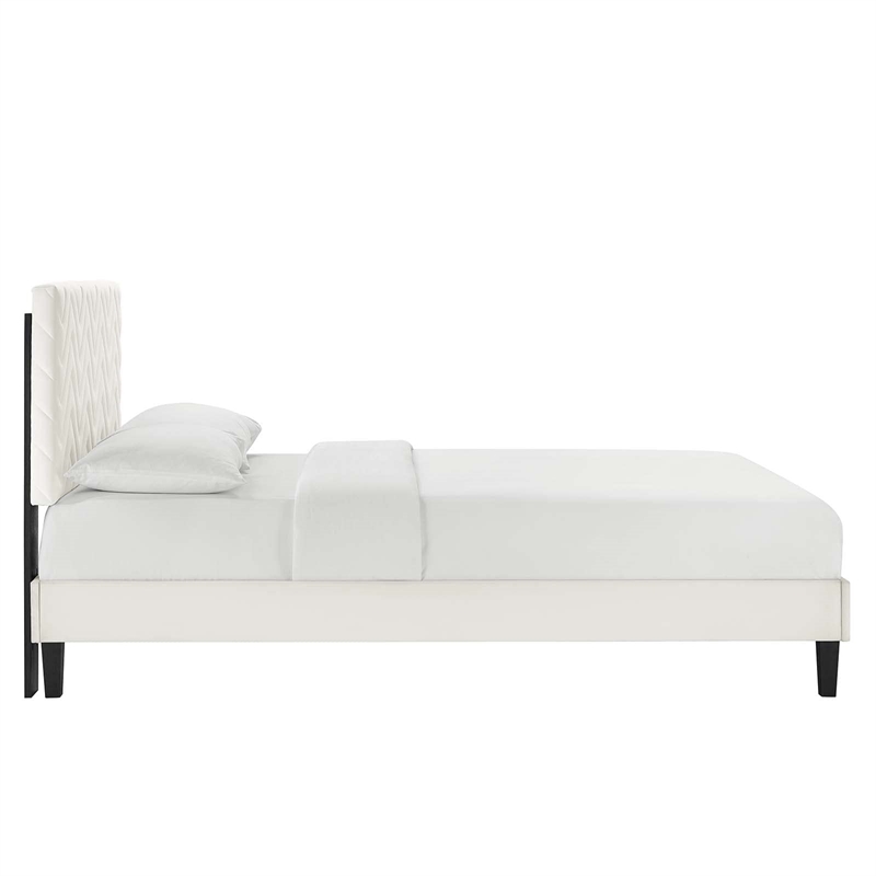 Modway Leah Chevron Tufted Velvet Full Platform Bed in White Finish