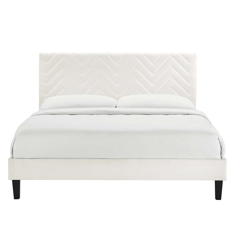 Modway Leah Chevron Tufted Velvet Full Platform Bed in White Finish