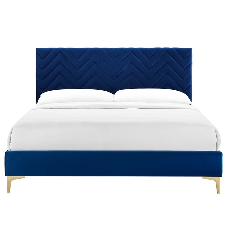 Modway Leah Chevron Tufted Performance Velvet Queen Platform Bed in Navy